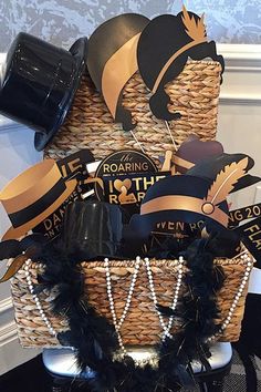 a basket filled with black and gold items