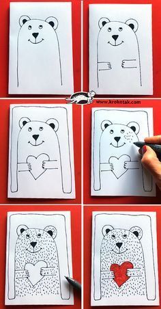 four pictures of polar bears with hearts drawn on them and one is holding a pencil