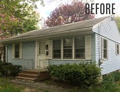 a small blue house with the words before and after on it's front porch