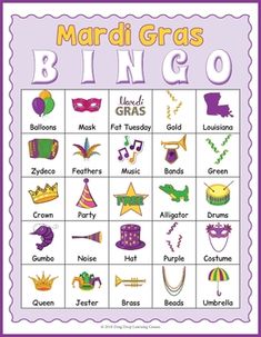 the mardi gras bingo game is shown in purple and white with words on it