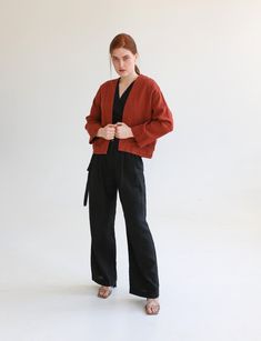 "Our shortest kimono-style jacket with pockets. Made from heavy-weight linen. If you're interested in different fits, check our other kimono-style jackets. STYLE DETAILS * Regular fit * Kimono collar * Dropped shoulders * Two side pockets * Cropped length * No closure * Made from heavy-weight linen SIZES & COLORS IN THE PICTURES * Model 1 is wearing size S/M in Terracotta (heavy) linen. Model's height - 174 cm (5'8\"), bust - 87 cm (34.2\"), waist - 64 cm (25.2\"), hips - 96 cm (37.8\"). * M Fall Season Relaxed Fit Wrap Kimono, Linen V-neck Outerwear For Work, Fall Long Sleeve Linen Kimono, Fall Kimono With Pockets In Relaxed Fit, Fall Kimono With Pockets And Relaxed Fit, Fall Season Relaxed Fit Kimono With Pockets, Fall Linen Cardigan With Relaxed Fit, Linen Jackets Women, Kimono Collar