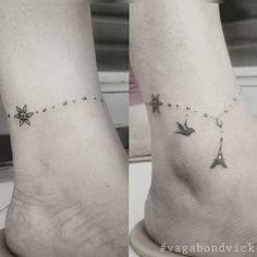 two pictures of the same person's foot with tiny stars on each side of their ankles