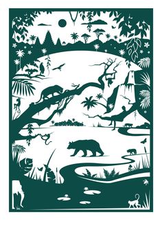 an image of animals in the wild with trees and plants around them, on a white background