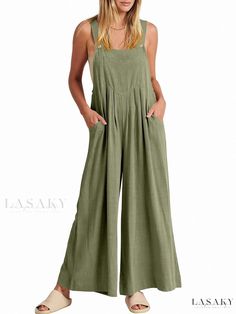 Lasaky - Solid Loose-Fit Casual Cotton Linen Jumpsuit Overalls Summer, Overalls Casual, Women's Overalls, Linen Jumpsuit, Overalls Women, Wide Leg Jumpsuit, Leisure Wear, Cotton Linen, Jumpsuits For Women