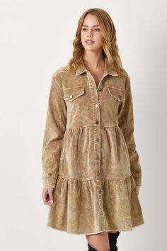 Acid Washed Corduroy Tiered Dress CoatBust pocketsButton downThigh lengthA-line-100% Cotton-Model wears: S / Model height: 5` 9" Beige Dress With Pockets For Fall, Fall Beige Dresses With Pockets, Winter Collared Dresses With Pockets, Casual Corduroy Winter Dress, Long Sleeve Dress With Corduroy Collar For Spring, Brown Cotton Button-up Dress, Fall Button-up Dresses With Snap Buttons, Casual Knee-length Corduroy Dress, Winter Corduroy Dress With Pockets