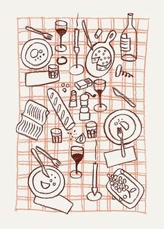 a drawing of food and wine on a table cloth