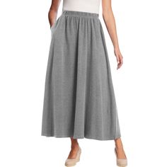 Experience ultimate comfort with our ultra-soft 7-day knit fabric. Sleek A-line maxi skirt design for a relaxed and drapey silhouette. Handy side pockets to keep your essentials close. Enjoy a perfect fit all day with the full elastic waistband. 36" length for a versatile and elegant look. Made with a durable and breathable cotton/poly blend. Easy care with machine washable fabric. Imported.