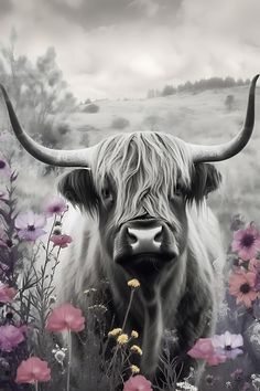 a bull with long horns standing in a field of flowers