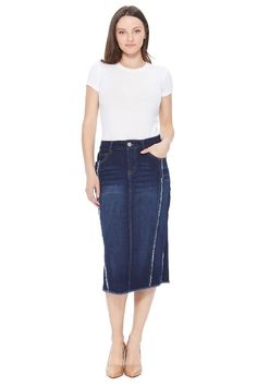 Description: Be-Girl Brand - stretch denim calf length pencil skirt. Fabric: Denim Content: 75% cotton, 23% polyester, 2% spandex Church Skirt, Denim Skirt Midi, Church Skirts, Modest Woman, Stretchy Skirt, Skirt Denim, Denim Pencil Skirt, Denim Skirts, Skirt Midi