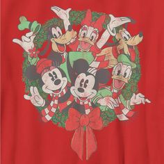 a group of mickey mouses with christmas wreath