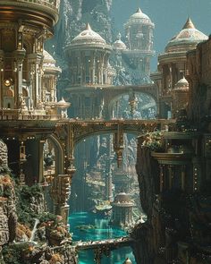 a futuristic city surrounded by mountains and water