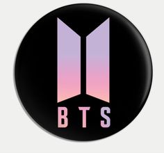 bt's logo on a black button with pink and purple colors in the background