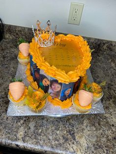 a cake decorated to look like a sunflower with pictures on the front and sides