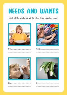 the words need and wants are shown in blue, yellow, and white letters with pictures of