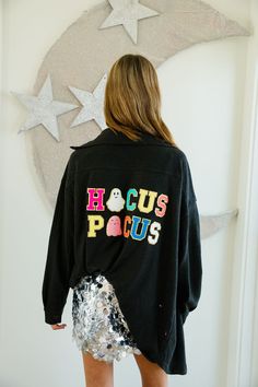 HOCUS POCUS BLACK SHACKET SWEATER Judith March Fun Cotton Outerwear For Fall, Black Shacket, Usa Party, Pink Ghost, Mini Sales, Thanksgiving Sale, Valentines Sale, Cheer Dance, Baseball Trucker Hat