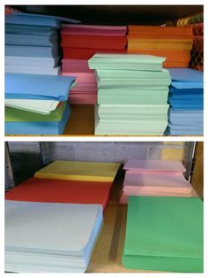 several different colored papers stacked on top of each other in various sizes and colors,