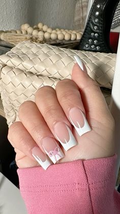 Birthday Nails For 13, French Tip Nails With Bow Design, Nails Acrylic Bow, Bow Nails Square, Nail Ideas With Bows, Nails With A J, French Tip Nail Designs Square, Nails For Turkey, Nail Designs French Tip Unique