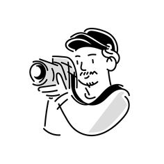 a black and white drawing of a man holding a camera