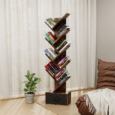 a bookshelf made out of wooden boards in the corner of a living room