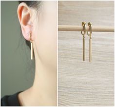 Gold dangle bar hoop clip on earrings, metal is gold plated over brass. Details :- **Gold bar charm size is 20mm x 2mm. **Hoop clip on size is 11mm(inner diameter) and 13mm(outer diameter). **Earrings length is 39mm, width is 2mm. **Weight is 1.33g (2.66g per pair). ♥ ♥ Hoop clip on - are comfortable to wear and will not drop off easily, and they look like pierced ear earrings. ♥ ♥ These earrings will be packed into a metallic polybag. ♥ ♥ Pls convo us if you have any queries. ♥ ♥ Thank you so m Minimalist Hoop Clip-on Earrings, Gold Minimalist Clip-on Earrings, Non Pierced Earrings, Pierced Ear, Ear Earrings, Earrings Clip, Earrings Metal, Earrings Minimalist, Western Jewelry