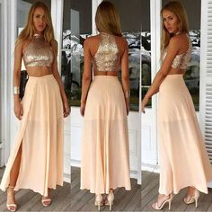 Sexy Two-Piece Halter Sequined 2019 Prom Dress Zipper Chiffon Front Split sold by lovedress. Shop more products from lovedress on Storenvy, the home of independent small businesses all over the world. Crop Top Elegante, Two Piece Prom Dress, Tea Length Prom Dress, Two Piece Prom, High Neck Prom Dress, Prom Dresses Two Piece, Dress Chiffon, Piece Prom Dress, Chiffon Maxi