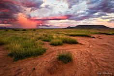 the sky is pink and purple as it sets over an open field with grass in the foreground