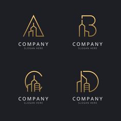 four logos with the letter b and buildings in gold color on black background, suitable for business