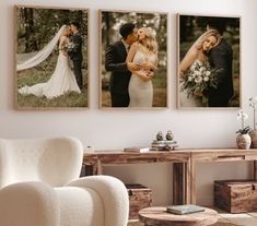 three pictures of a bride and groom hanging on the wall next to a white chair