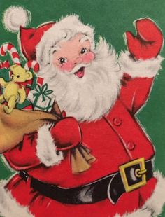 an old fashioned christmas card with santa claus holding a bag of gifts and pointing to the side