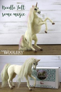 two pictures of the same toy horse, one is white and the other has pink manes