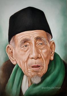 an old man with a black hat and green scarf is shown in this oil painting