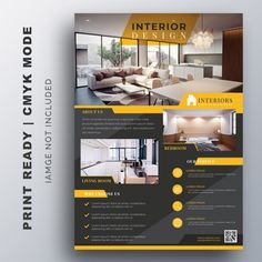 a yellow and black flyer design for an interior design company, with the image of a living