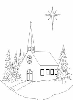 a black and white drawing of a church in the snow with a star above it