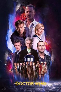 doctor who poster with the doctors and their characters on it's back ground, surrounded by clouds