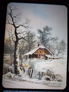 a painting of a snowy landscape with a house and trees in the foreground, surrounded by snow