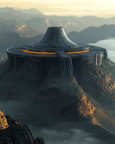 a sci - fi building on top of a mountain surrounded by fog