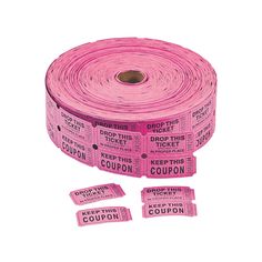 two rolls of pink coupon tape on white background