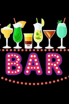 a bar sign with different types of drinks on the top and below it is an image of