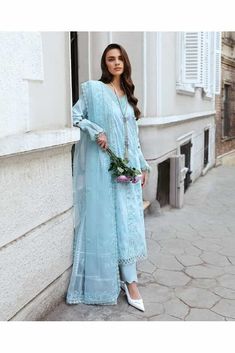 Helga (M-135) | EMBROIDERED PRET | REPUBLIC WOMENSWEAR in UK USA UAE online kapraye.com V-neck Wedding Sets With Floral Embroidery, Floral Embroidered Lawn Suit For Wedding, Formal Spring Lawn Suit With Chikankari Embroidery, Spring Wedding Lawn Suit With Intricate Embroidery, Spring Formal Lawn Suit With Dupatta, Elegant Lawn Suit With Dupatta For Spring, Elegant Spring Lawn Suit With Dupatta, Formal Chikankari Embroidered Lawn Suit, Blue Chiffon Dress With Intricate Embroidery