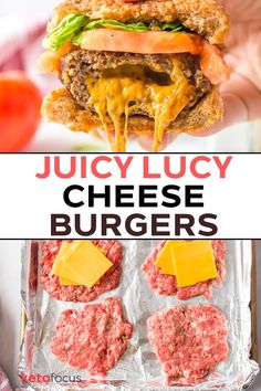 Juicy Lucy Burgers are a delicious weeknight meal that you can make in under 30 minutes. These burgers are filled with melted cheese, topped with your favorite condiments, and held together with toasted hamburger buns. This juicy burger recipe will be loved your whole family! Juicy Burger Recipe, Juicy Lucy Burger, Hamburger Dishes, Juicy Burgers, Juicy Burger, Juicy Lucy, Keto Beef, Homemade French Fries