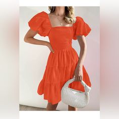 Nwt Color: Orange Product Details Fabric Type One Hundred Percent Rayon Care Instructions Machine Wash Origin Imported Closure Type Pull On About This Item S=Us 4-6,M=Us 8-10,L=Us 12-14,Xl=Us 16-18. Tips: For A Better Dress Experience, Suggest To Iron In Low Before Wearing! Features: Tunic Mini Dress Features Smocked Bodice, Elastic High Waist, Short Puff Sleeve, Solid Color, Flowy A Line Shape, Swing Mini Length, Square Neck Design, The Sleeves Can Be Pulled Down For A Sexy Off Shoulder Look. S Summer Orange Puff Sleeve Mini Dress, Casual Orange Puff Sleeve Dress, Red Puff Sleeve Dress For Summer Brunch, Red Casual Puff Sleeve Dress For Summer, Solid Mini Dress With Puff Sleeves For Vacation, Orange Dress Summer, Sorority Recruitment Outfits, Recruitment Outfits, High Waist Short