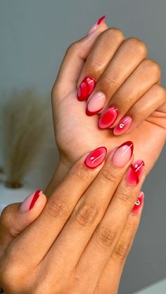 #nailsofinstagram #naildesign Red Graphic Nails, Black Hot Pink Nails, Christmas Nail Inspo Aesthetic, Hot Pink And Red Nails, Acrylic Nail Ideas Almond, Red Nail Designs Almond, Red Short Acrylic Nails, Bright Pink Nail Ideas, Funky Acrylic Nails