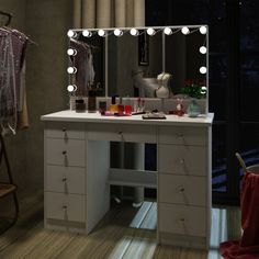 a dressing table with lights on it in a room