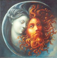 an oil painting of two people with red hair and beards in a circular frame