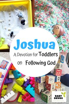 a pile of toys sitting on top of a floor next to a white circle with the words joshua