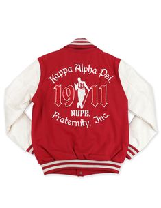 a red jacket with white sleeves and letters on it