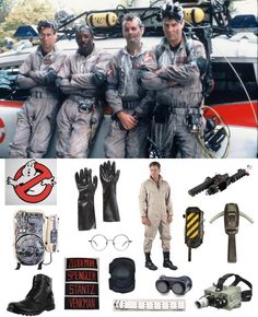 three men standing next to each other in front of a car and various items from the movie ghostbuster