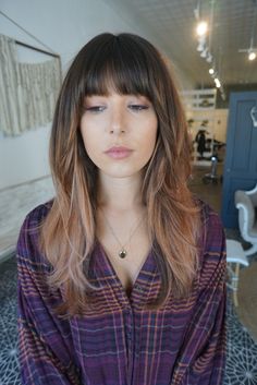 Bangs With Feathered Hair, Money Piece Hair With Fringe, Copper Bayalage Hair Brunettes, Heavy Bangs Long Hair, Full Fringe Bangs, Full Fringe Hairstyles, Shaggy Haircut, Fashion Haircut, Haircut Inspiration