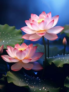 two pink water lilies floating on top of green leaves