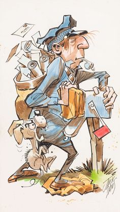 a drawing of a man with many items in his hand and dog on the ground